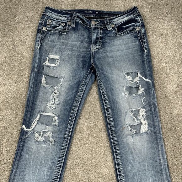 Miss Me Skinny Jeans SZ 28 Blue Denim Mid Rise Embellished Pockets Western Flap - Picture 3 of 8